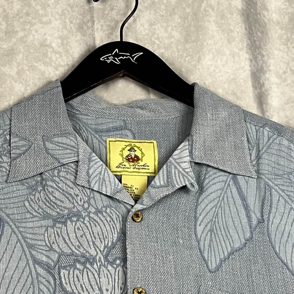 Joe Marlin XL Blue Gray‎ Island Print Silk Shirt Short Sleeve